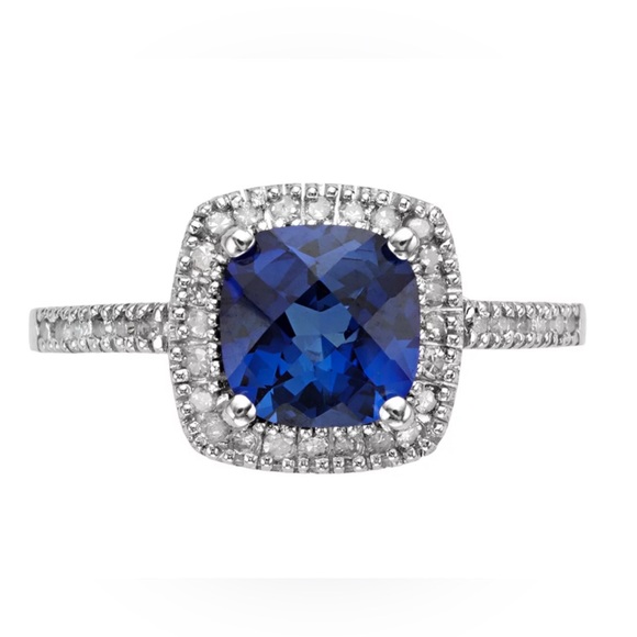 Jewelry - 10k White Gold Lab-Created Sapphire & 1/5 Carat T.W. Diamond Cushion Halo Ring